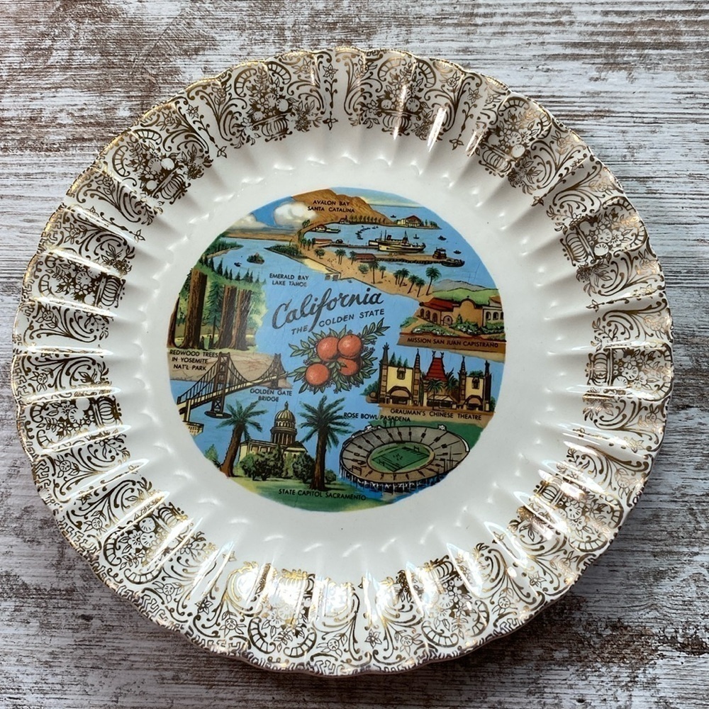 Vintage California Souvenir Plate Reticulated Lace Edge Gold Trim 8.5"